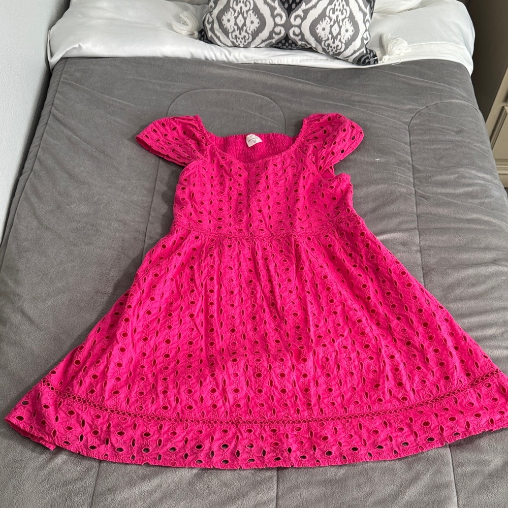 abercrombie kids Bright Pink Eyelet Puff-Sleeve Dress Sz 15/16 100% cotton